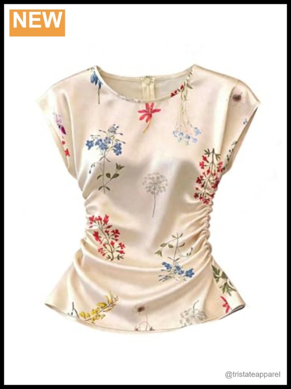 Women's Floral Print Blouse Ruched Slim Fit Cap Sleeve Crew Neck Top
